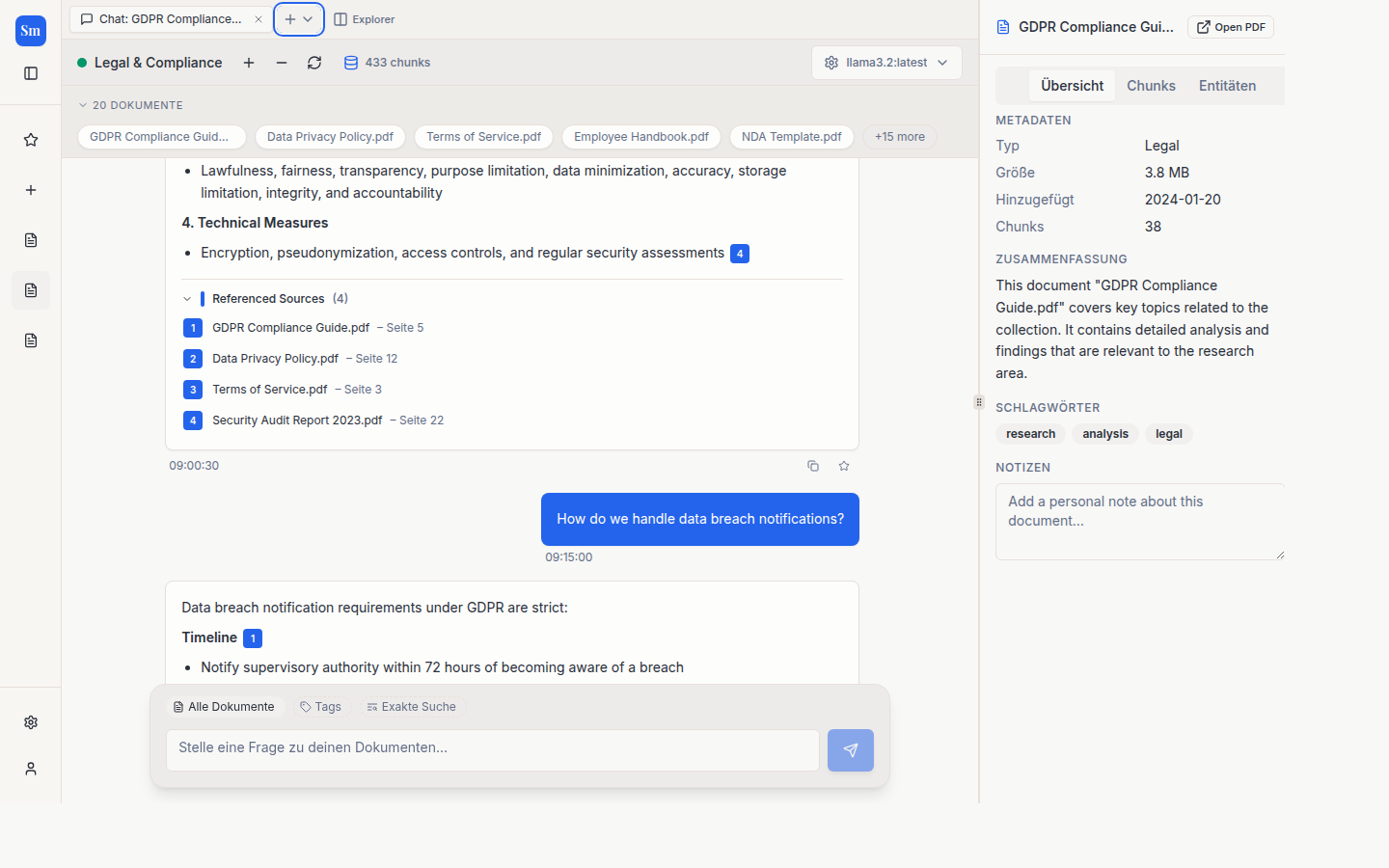 Chat-Antwort mit expandierter Liste von vier zitierten Quellen, jeweils mit Dokumentname und Seite